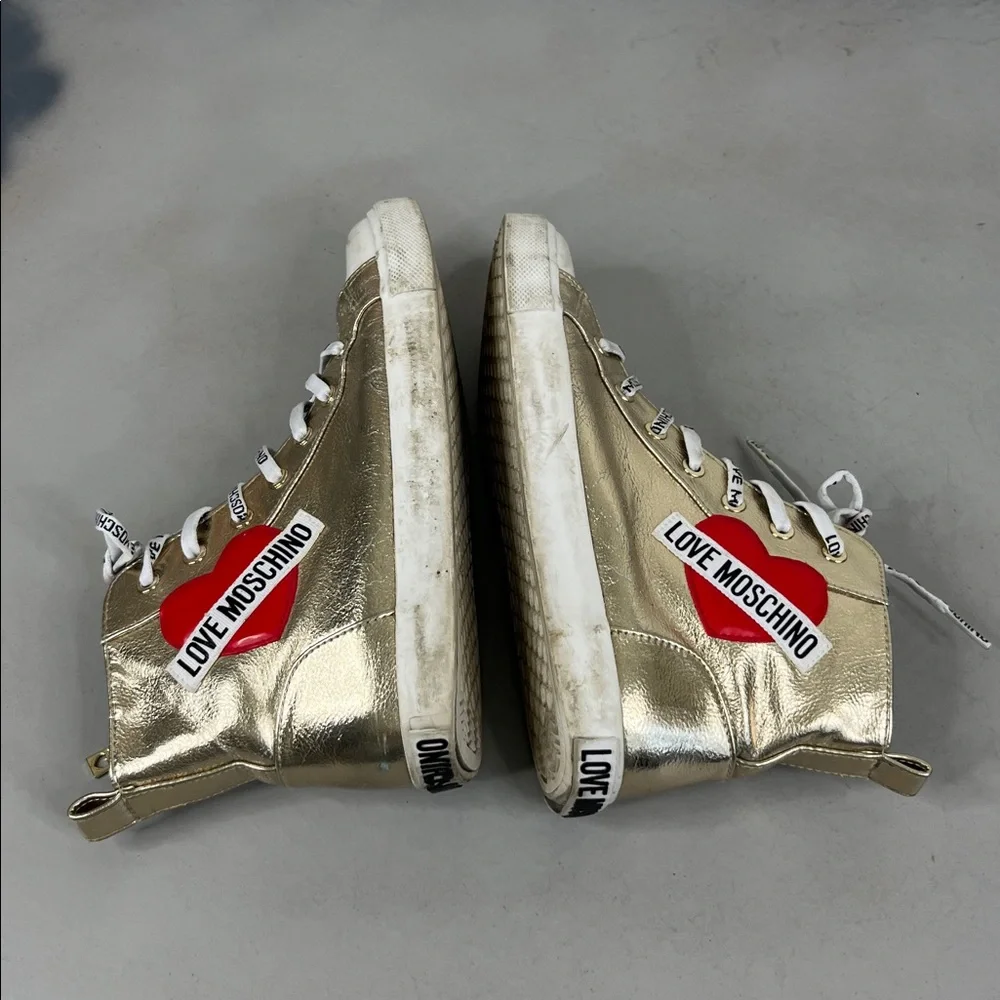 LOVE MOSCHINO Gold Heart Metallic Lace Up High Top Zip SOLD OUT Sneakers Shoes - Picture 7 of 10